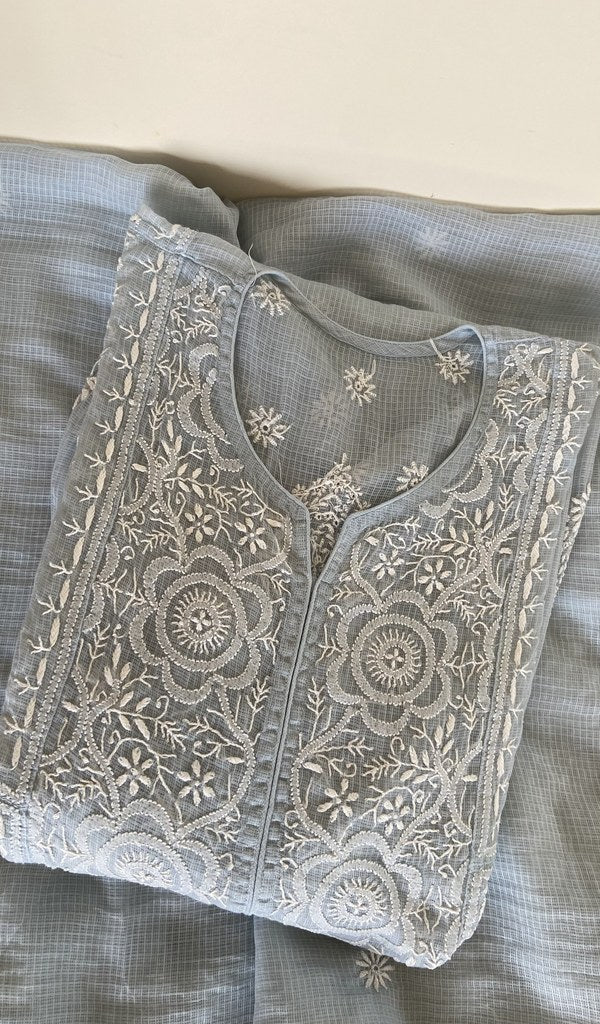 Grey blue kota cotton kurta piece folded, gala work in front