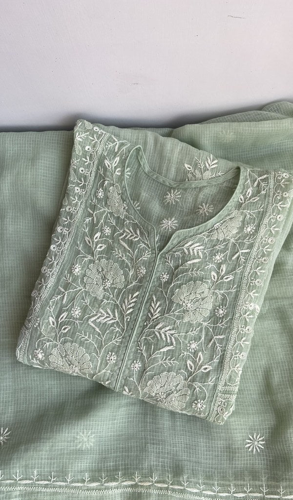 Sehmat — Sage Green Kota Cotton Chikankari 2 Pc Semi-Stitched Suit Set