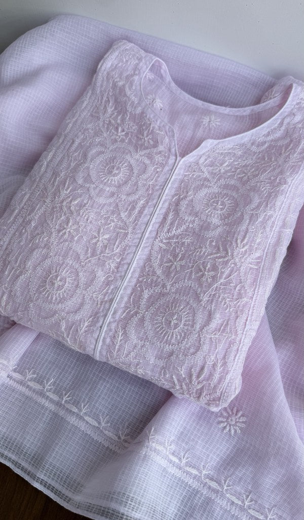 Lilac kota cotton kurta piece folded, gala work in front