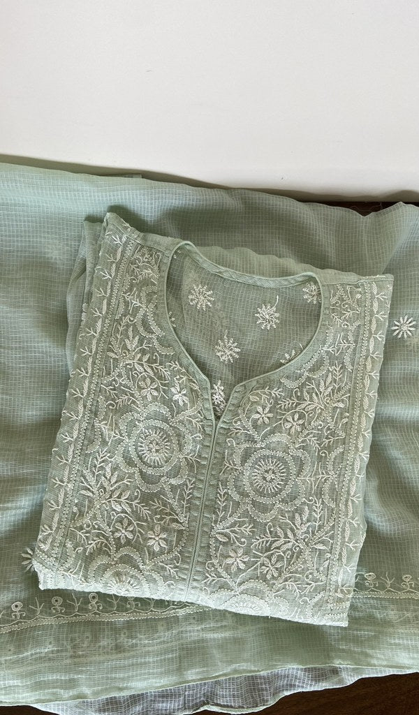 Mint green kota cotton kurta piece folded, gala work in front