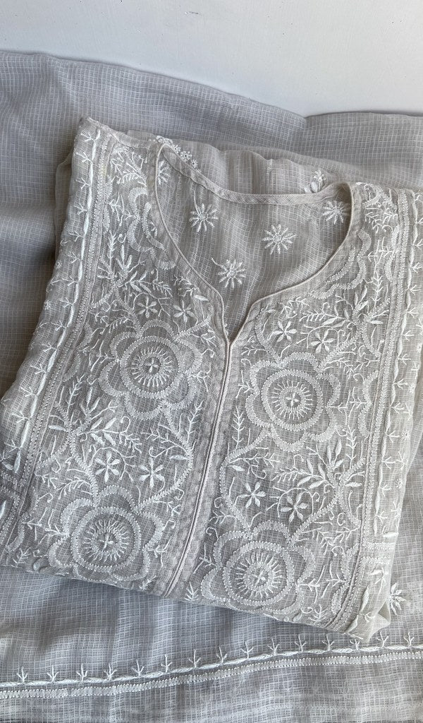 Grey white kota cotton kurta piece folded, gala work in front