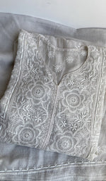 Grey white kota cotton kurta piece folded, gala work in front