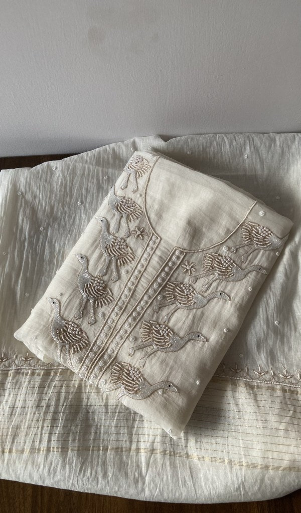 Mor — White Pure Mul Chanderi Chikankari 2 Pc Unstitched Suit Set