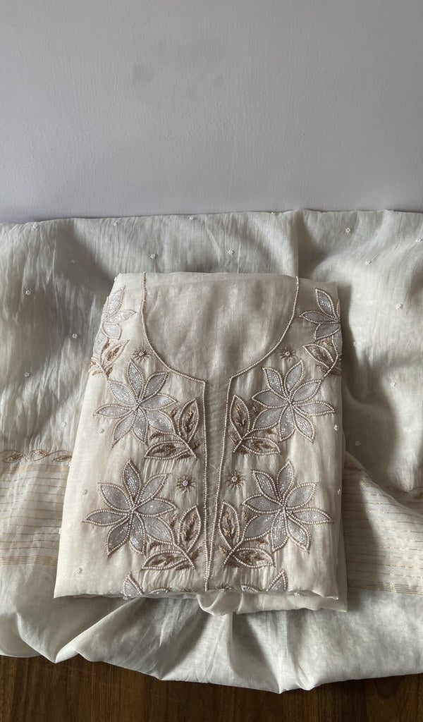 White Pure Mul Chanderi Chikankari 2 Pc Unstitched Suit Set