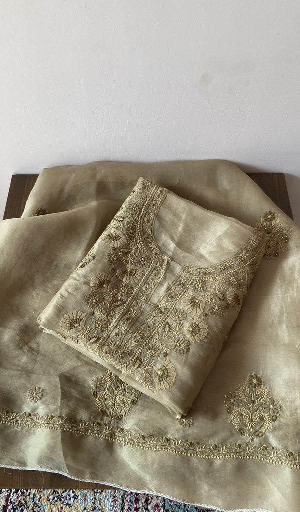 Folded beige pure organza silk kurta piece with chikankari on the panel