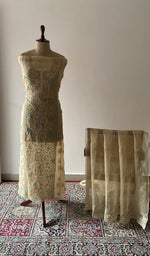 Beige pure organza silk chikankari suit set on the mannequin with its dupatta