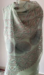 Close view of the hand embroidery on the green saree