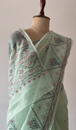 Pallu of the green pure organza silk saree, extremely fine ek and do taar multicoloured chikankari