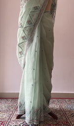 Green pure organza silk saree seen from the back