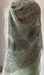 Thread work along the green saree border