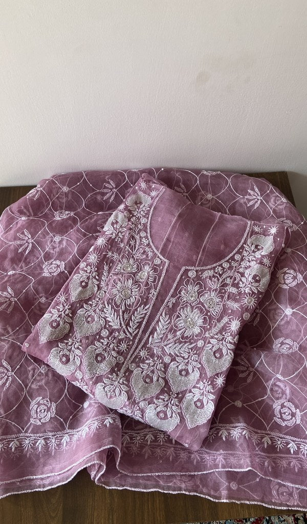 Purple Pure Organza Silk Chikankari 2 Pc Semi-Stitched Suit Set
