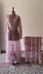 Purple pure organza silk chikankari suit set on the mannequin with its dupatta