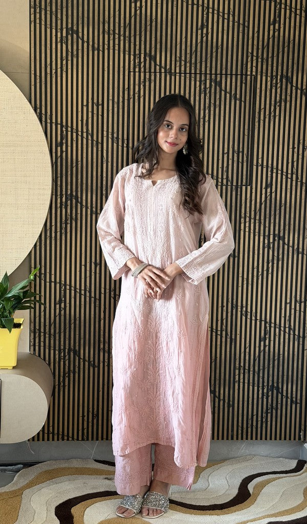 Blush Pink pure mul chanderi co-ord set on the model