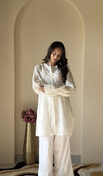 White pure mul chanderi co-ord set on the model