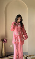 Nadira — Coral Pink Pure Mul Chanderi Chikankari 2 Pc Stitched Co-Ord Set