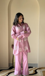 Orchid Pink pure mul chanderi co-ord set on the model