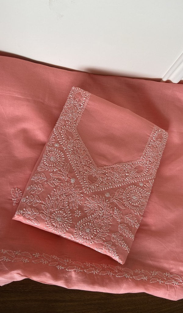 Folded coral cotton kurta, gala and neckline work