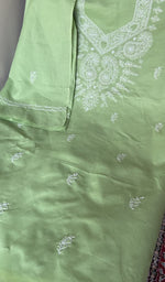 Pista green cotton kurta, close view of the embroidery