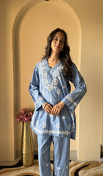 Denim cotton co-ord set on the model