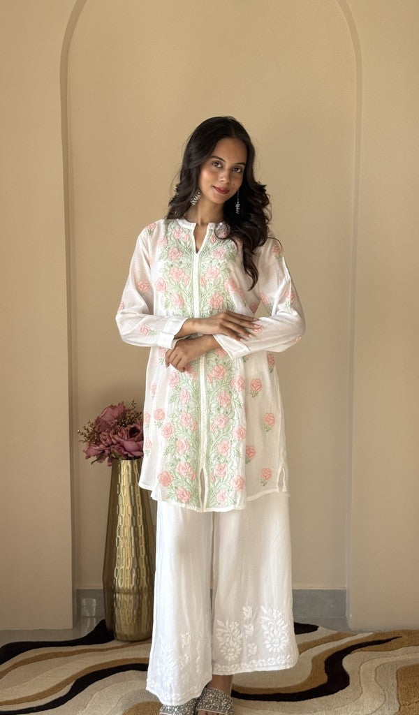 White mul chanderi short kurti on the model