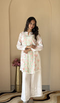 Afnan — White Mul Chanderi Chikankari Stitched Short Kurti — Peach Pink Floral