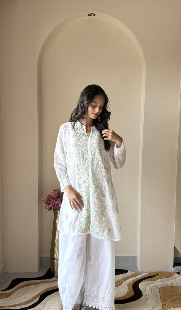 White mul chanderi short kurti on the model