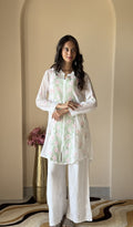 Afnan — White Mul Chanderi Chikankari Stitched Short Kurti — HONC0393911