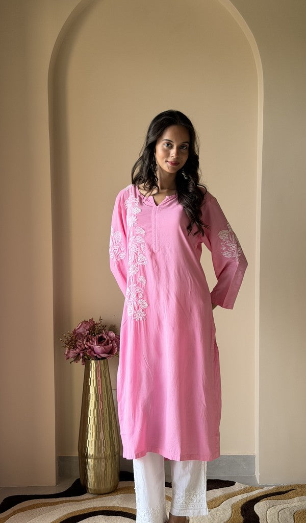 Pink modal cotton kurti on the model