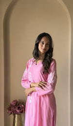 Pink kurti, worn by the model