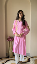 Sakeena — Pink Modal Cotton Chikankari Stitched Kurti — Gold Contrast