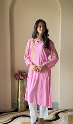 Pink modal cotton kurti on the model
