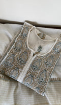 Fariha — Ivory Pure Mul Chanderi Blue and Olive Thread Chikankari 2 Pc Semi-Stitched Suit Set