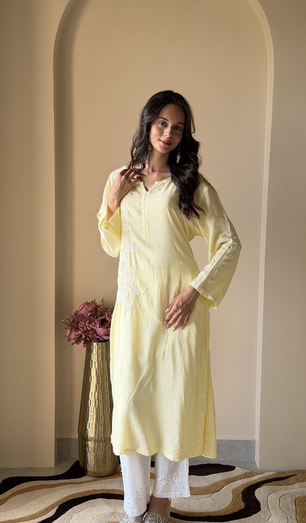 Yellow modal cotton kurti on the model
