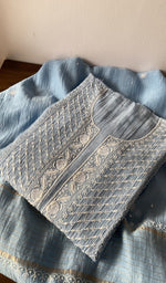 Blue pure mul chanderi kurta piece folded, fine do taar and teen taar chikankari on panel