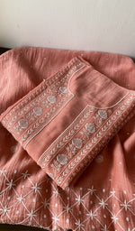 Coral pink pure mul chanderi kurta piece folded, fine do taar and teen taar front jaal chikankari