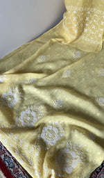 Close look at the fine do taar and teen taar chikankari on motifs and daman