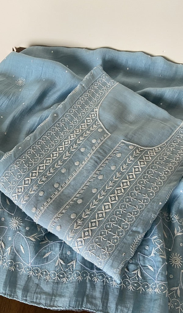 Blue pure mul chanderi kurta piece folded, fine do taar and teen taar front jaal chikankari