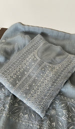 Grey pure mul chanderi kurta piece folded, fine do taar and teen taar front jaal chikankari