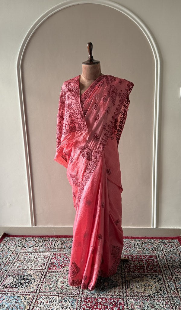 Coral Pink Tussar Silk Chikankari Saree