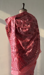 Coral pink tussar silk saree, detail view