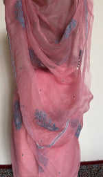 Coral pink organza silk saree, detail view