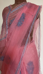 Coral pink organza silk saree, lower half