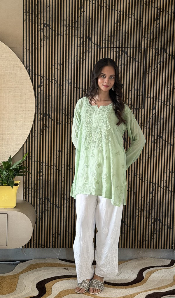 Saliha — Pista Green Muslin Chikankari Stitched Short Kurti