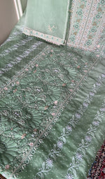 Mint green organza silk kurta, close view of the embroidery