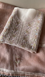 Folded peach organza silk kurta, front view