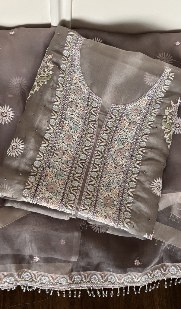 Folded mauve organza silk kurta, front view
