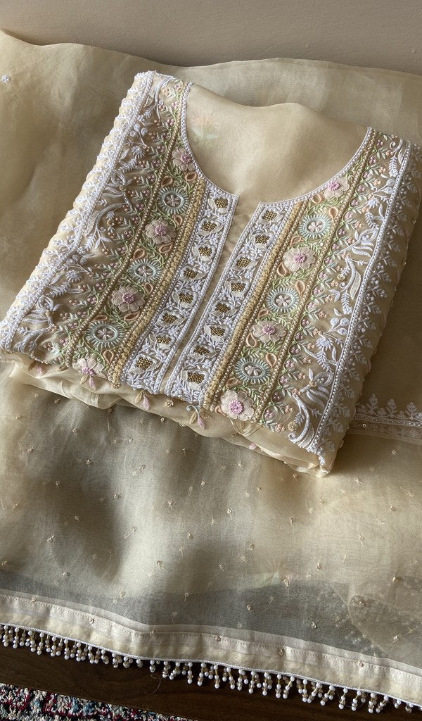 Folded cream organza silk kurta, front view