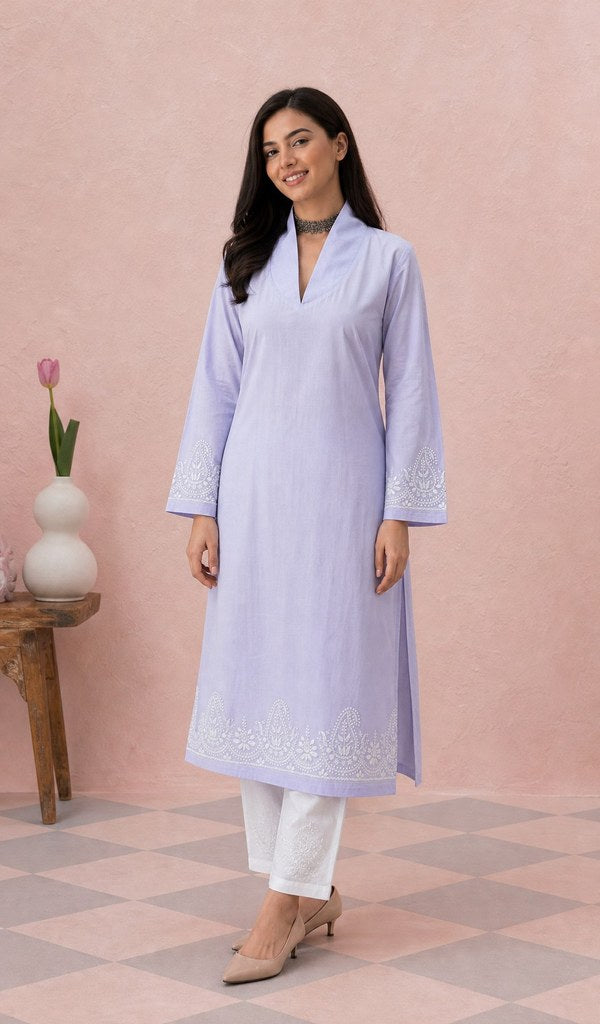 Lavender Mul Cotton Chikankari Stitched Kurti