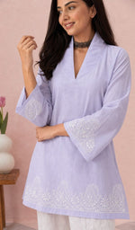 Lavender kurti, sleeve and chikankari up close