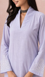 Lavender kurti, neckline and yoke embroidery up close